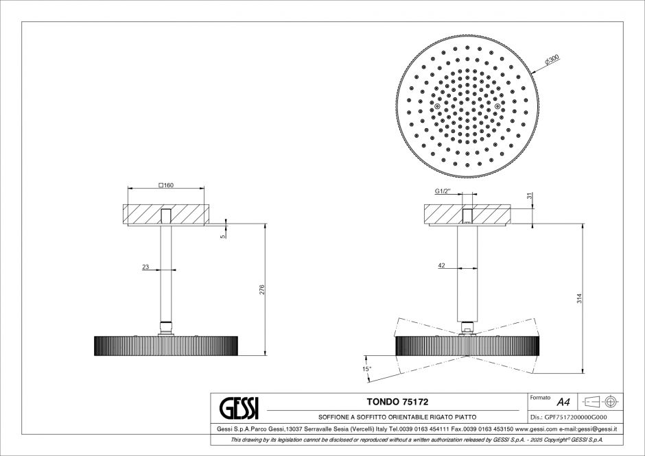 Верхний душ Gessi Incastri Rigato 75172 потолочный ФОТО