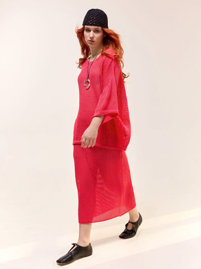 Розовый вязаный костюм сеть из хлопка