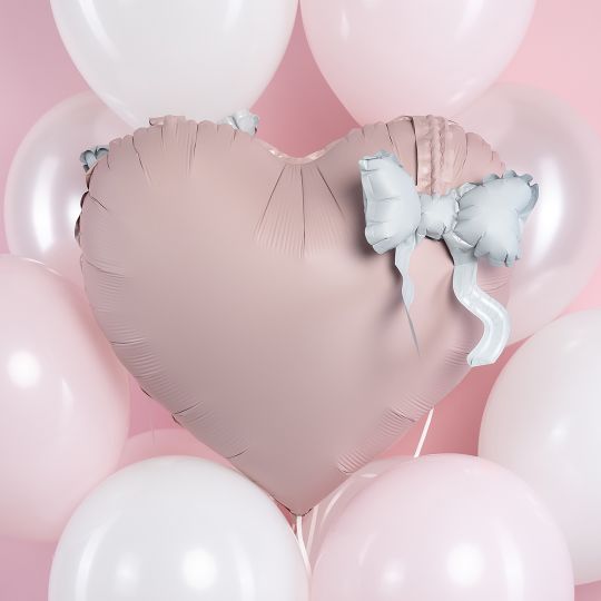 Сердце розовое с белым бантом шар фольгированный с гелием