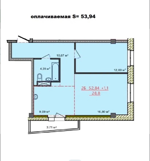 2-комнатная квартира 53,94кв.м. Генерала Тихонова 10