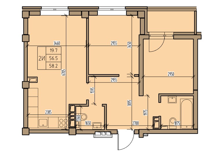 2-комнатная квартира 58,2кв.м.Комарова 7