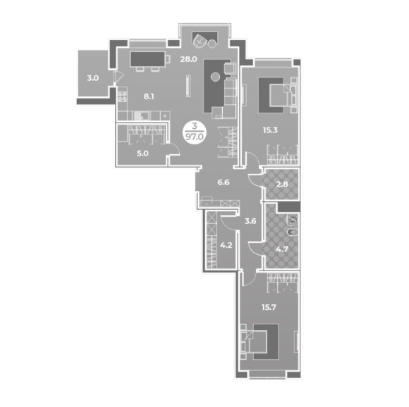 3-комнатная квартира 97кв.м.Генерала Тихонова 14