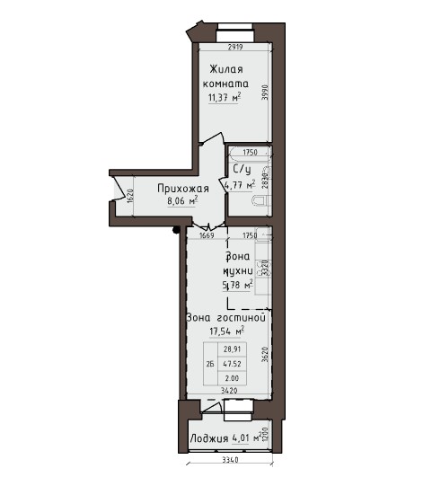 2-комнатная квартира 49,52кв.м. Авиаторов 5