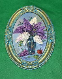 Картина СИРЕНЬ в вазе. Масло. оригинальная техника. Размер 20*30. Рама гипс (ручная работа).