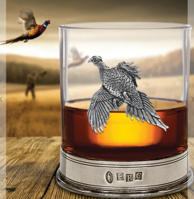 Набор классических  бокалов для виски (два бокала)  "Фазан" (пьютер)  с дном из пьютера. Pheasant Pewter Whisky Glass Tumbler Set of 2