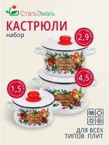 Набор посуды эмалированная сталь, 3 предмета, кастрюли 1.5,2.9,4.5 л, индукция, СтальЭмаль, Смак, 1с144