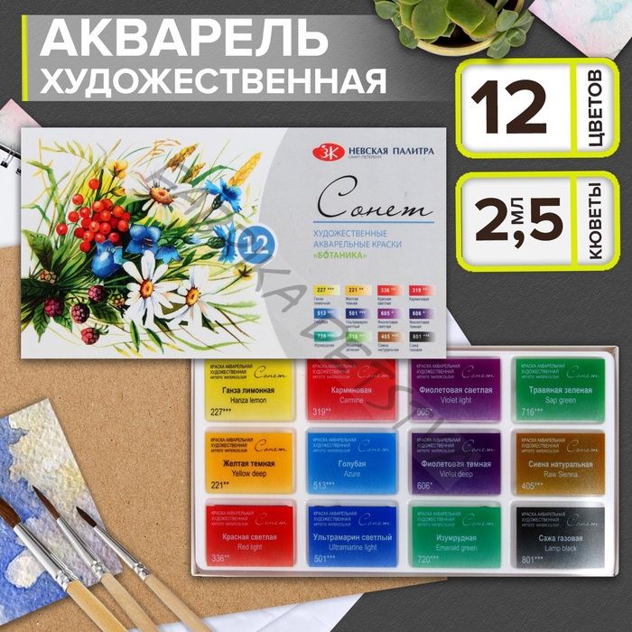 Акварель художественная в кюветах «ЗХК. Сонет. Ботаника», 12 цветов x 2.5 мл