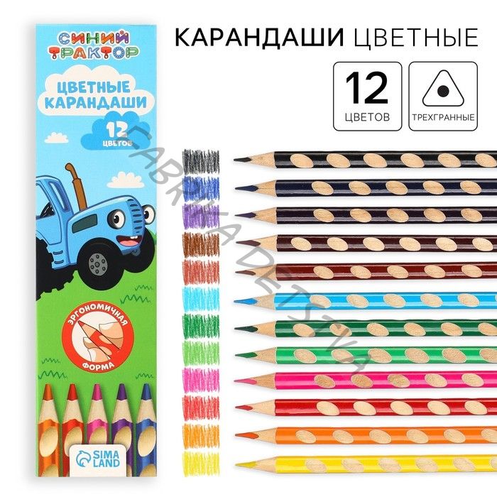 Цветные карандаши, 12 цветов, трехгранные, «Синий трактор»