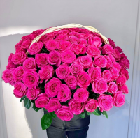 Корзина 101 роза яркого цвета Фуксия