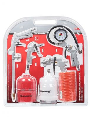 Набор пневмоинструмента Matrix, 57304, быстросъемное соединение, краскораспылитель с верхним бачком, блистер, 5 предметов