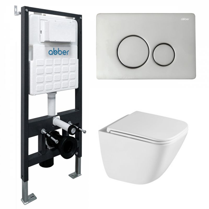 Комплект подвесной унитаз ABBER Rechteck AC1220TC белый, AC1220TC-AC0105-AC0121 хром глянцевый