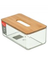 Коробка для бумажных салфеток пластик, дерево, 23х13х10 см, прозрачная, с бамбуковой крышкой, Y4-7801