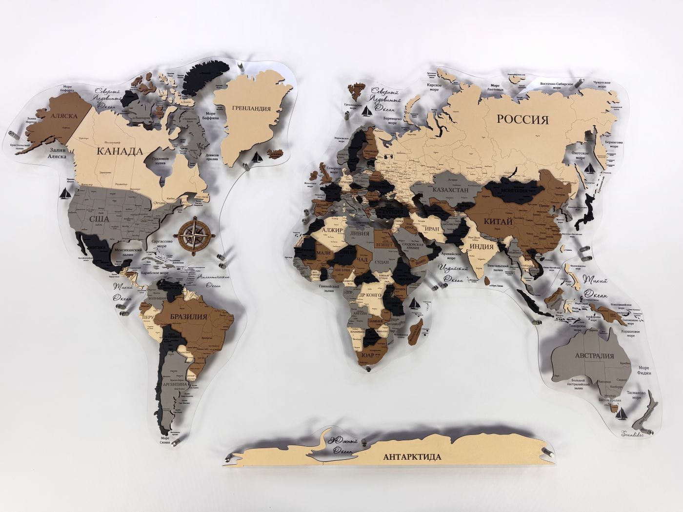 Цвет "Осло-2", ПРОБКОВАЯ МНОГОУРОВНЕВАЯ карта мира на подложке из орг. стекла