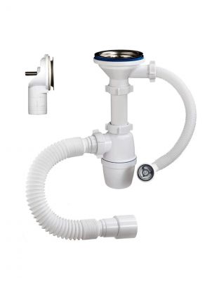 Сифон для мойки, 3" 1/2, 40х40/50, с выпуском, с переливом, круглый перелив, с гофрой, Orio, А-50079-2
