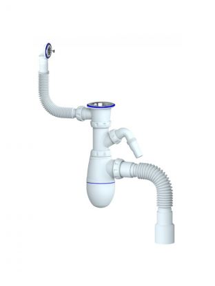 Сифон для мойки, 1" 1/2, 40х40/50, пластик, с выпуском, с переливом, круглый перелив, Unicorn, В443V