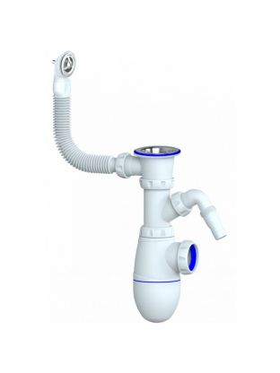 Сифон для мойки, 1" 1/2, 40, пластик, с выпуском, с переливом, круглый перелив, Unicorn, В441V