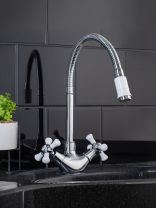 Смеситель для кухни, РМС, гибкий излив, с кран-буксой, белый, SL92W-279F