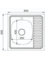 Мойка кухонная накладная, Mixline, нержавеющая сталь, 600х600 мм, правая, 0.8 мм, с сифоном