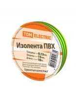 Изолента ПВХ, 15 мм, 130 мкм, желто-зеленая, 10 м, TDM Electric, SQ0526-0027