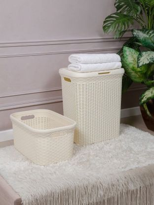 Корзина для белья, 60 л, прямоугольная, плетеная, пластик, слоновая кость, Violet, 186026