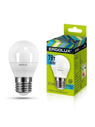 Лампа светодиодная E27, 7 Вт, 60 Вт, 220 В, шар, 4500 К, нейтральный белый свет, Ergolux, 12145