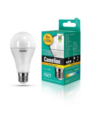 Лампа светодиодная E27, 15 Вт, 125 Вт, 220 В, груша, 3000 К, теплый белый свет, Camelion, 12185