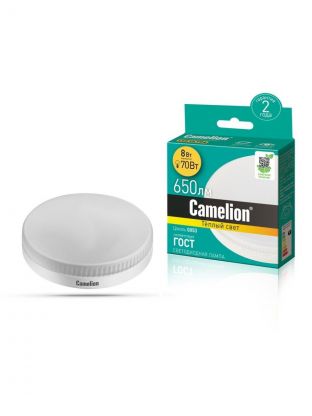 Лампа светодиодная GX53, 8 Вт, 70 Вт, 220 В, таблетка, 3000 К, теплый белый свет, Camelion, 13474