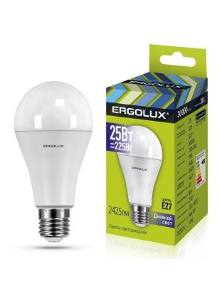 Лампа светодиодная E27, 25 Вт, 225 Вт, груша, 6500 К, холодный белый свет, Ergolux, 14228