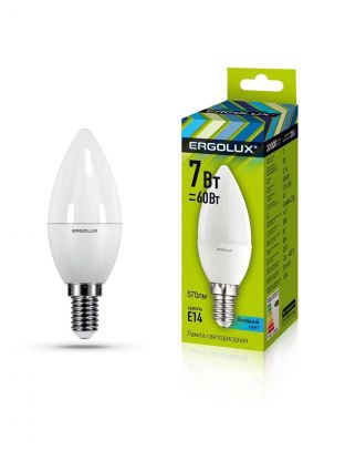 Лампа светодиодная E14, 7 Вт, 60 Вт, свеча, 6500 К, холодный белый свет, Ergolux, 12874
