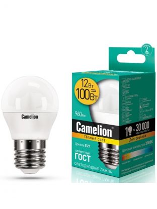Лампа светодиодная E27, 12 Вт, 100 Вт, 220 В, шар, 3000 К, теплый белый свет, Camelion, 13694