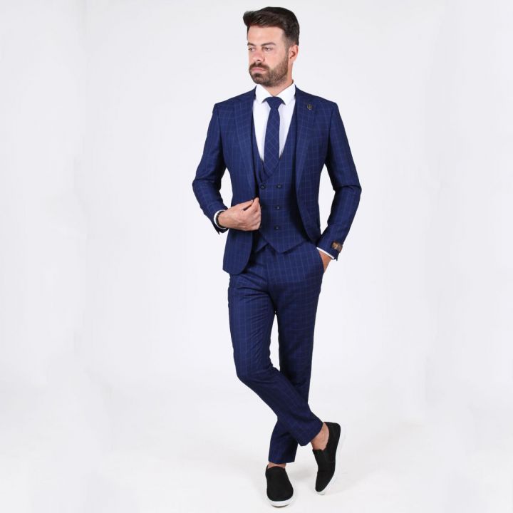 Синий костюм-тройка на прокат