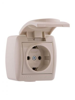 Розетка открытой установки, 1 гнездо, с заземлением, керамика, кремовая, с крышкой, Lezard, Nata, 710-0300-123