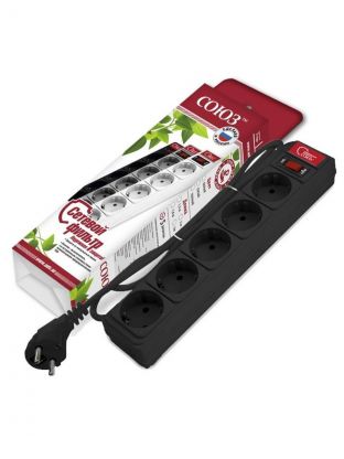 Сетевой фильтр 5 гнезд, 1.5 м, ПВС, 3х0.75 мм2, с заземлением, 10 А, черный, Союз, 1335