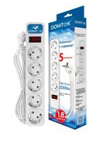 Сетевой фильтр 5 гнезд, 1.8 м, ПВС, 3х1 мм2, с заземлением, 10 А, выключатель с индикацией, белый, Domtok, 2527