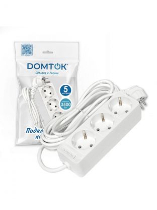 Удлинитель бытовой 3 гнезда, 5 м, ПВС, 3х1 мм2, с заземлением, 16 А, 3500 Вт, Domtok, 2392