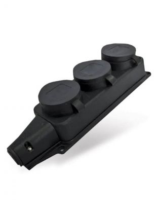 Колодка розеточная 3 гнезда, с заземлением, 16 А, с заглушкой, 1-фазная, IP44, каучук, черный, UNIVersal, Компакт