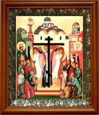 Икона Воздвижение креста Господня в киоте с басмой Виноградная Лоза (UV-печать)(30200)