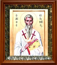 Икона Ириней Лионский (Лугдунский) в киоте с басмой Виноградная Лоза (UV-печать)(30491)