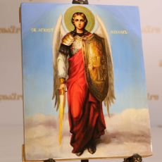 Рукописная икона Михаил Архангел 17х21 см с мечом и щитом (масло)