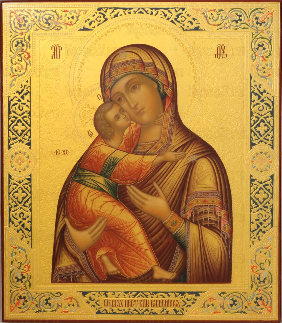 Владимирская икона Богородицы 27х31см (Палех, рукописная) (сусальное золото с чеканкой)