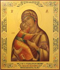 Владимирская икона Богородицы 27х31см (Палех, рукописная) (сусальное золото с чеканкой)
