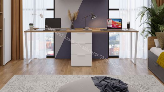 Комплект столов письменных с 1 тумбой универсальной «Порто» - СМ-393.15.013 Белый Жемчуг, Яблоня Беллуно, Белый софт