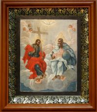 Икона Новозаветная Троица (Сопрестолие) в киоте с басмой Виноградная Лоза (UV-печать)(30696)