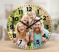 Сгенерируй отдельные фотографии этих товаров, для карточек товаров на сайте, они произведены методом лазерной резки, материал березовая фанера и акрил, товары: Часы настенные с фотопечатью (УФ) на заказ,  Часы настенные с объемными цифрами (3D) на заказ, 