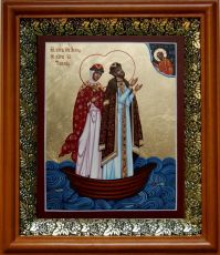 Икона Петр и Феврония в киоте с басмой Виноградная Лоза (UV-печать)(30746)