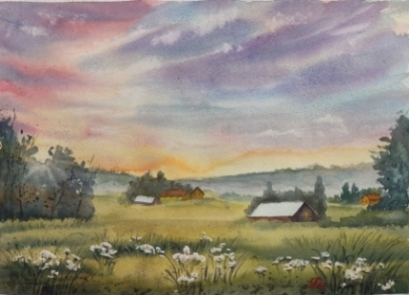 Акварель "Вечер в деревне"