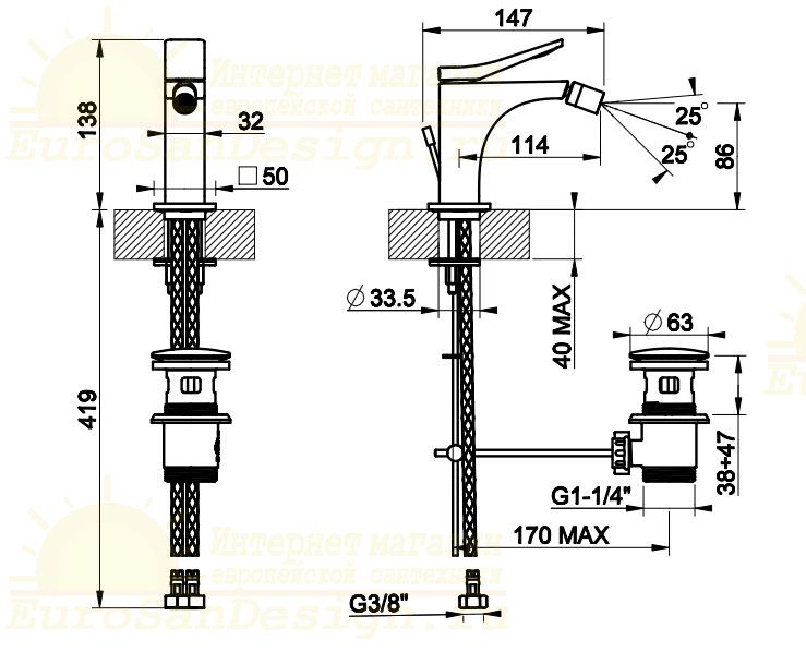 Смеситель в разных отделках Gessi Rilievo 59007 для биде с донным клапаном ФОТО