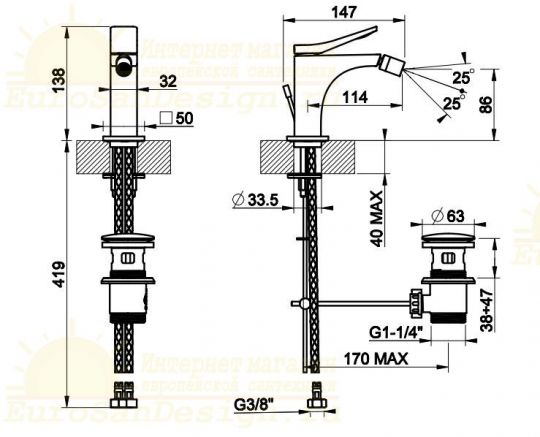 Смеситель в разных отделках Gessi Rilievo 59007 для биде с донным клапаном схема 2