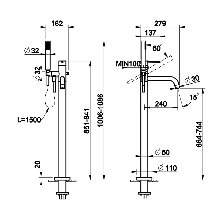 Смеситель для ванны напольный Gessi Emporio Via tortona с душевой лейкой 24943 ФОТО