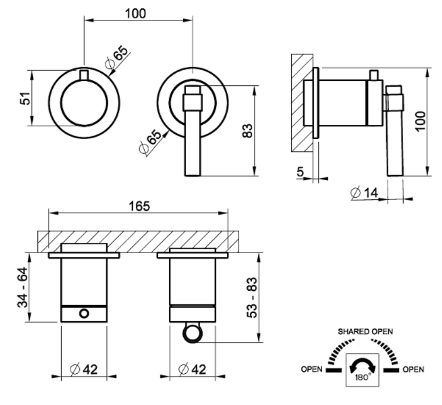 Смеситель для душа Gessi Jacqueline 77062 встраиваемый на 2 потребителя ФОТО